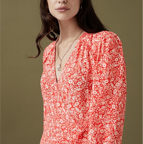 Per Una V Neck Wrap Ditzy Print Floral Red Long Sleeve Midi Dress Size 10 - Picture 5 of 12